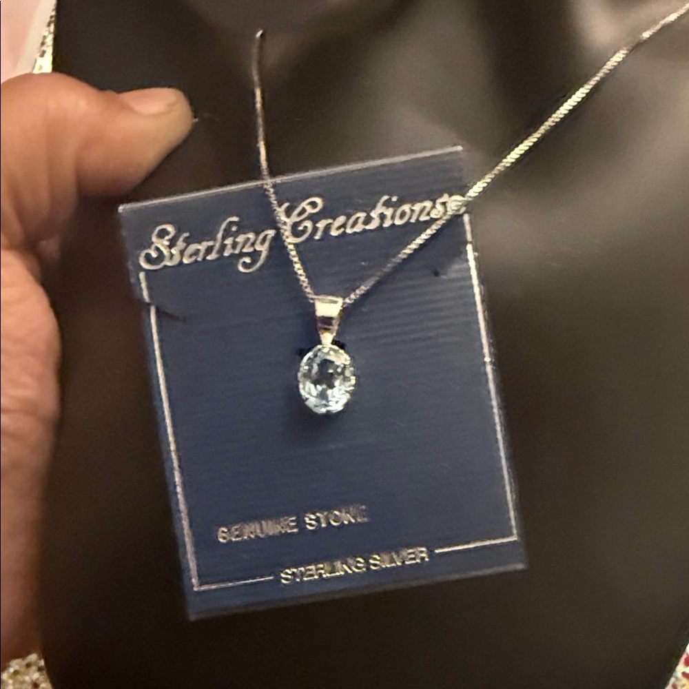 Sterling 925 Italy Silver Pendant Necklace Genuine stone light blue STAMP